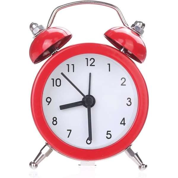 Mini Double Bell Alarm Clock Round Metal Desk Clock Standing Clock for Home Room Kitchen Office Red