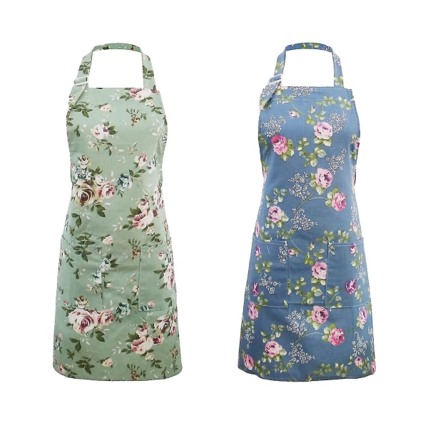Köksförkläde för kvinnor, 2-pack blommigt förkläde med 2 stora fickor--