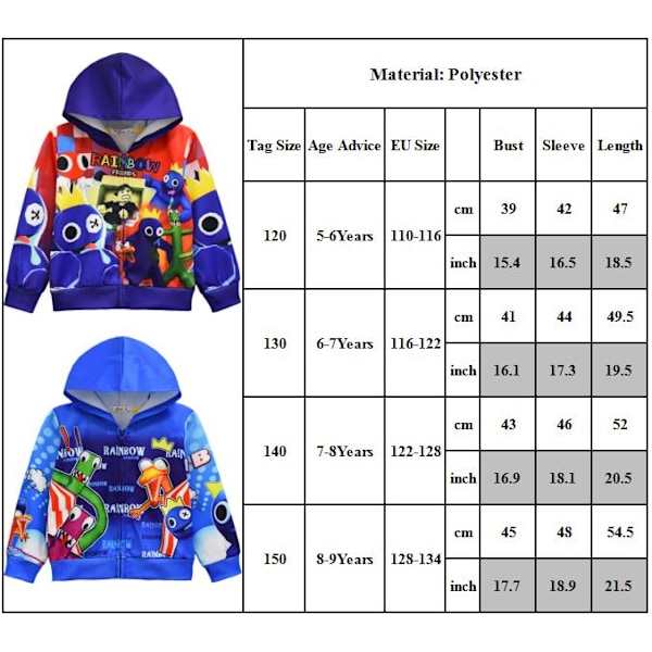Mordely Rainbow Friends Pojkar Hoodie Jacka ool Blue Sweatshirt Kläder C 140cm