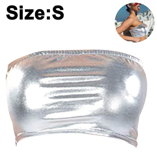 Women's Shiny Strapless Crop Stage Costumes Silver L