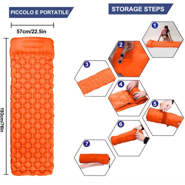 Mordely Campingmadrass, Campingmatta med uppblåsbar kudde Vikbar orange