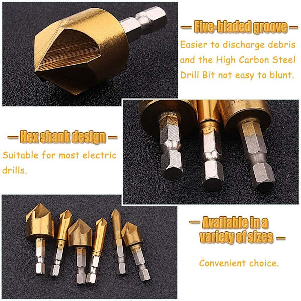 6 Pack HSS 5 Hex Shank Countersink Countersink Bits