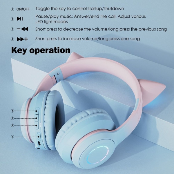 Mordely Blixtljus Cute Cat Ear-hörlurar trådlösa med mikrofon rosa pink