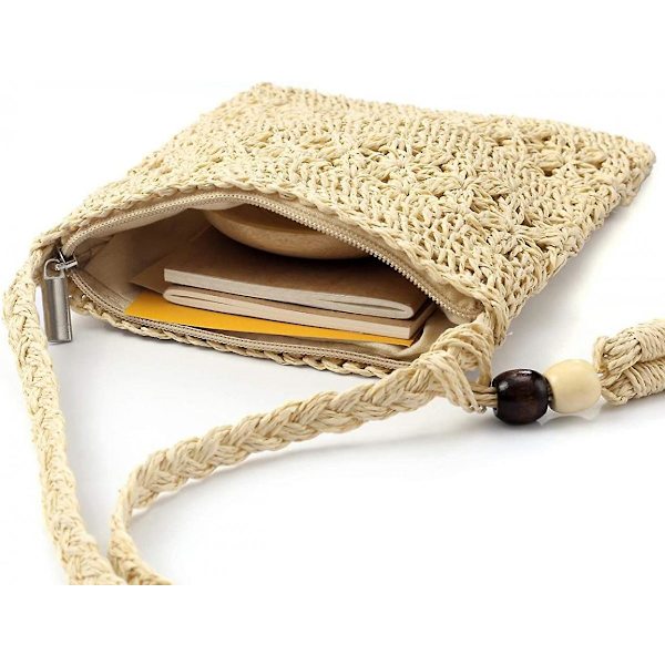 Mordely Women Straw Crossbody Bag Handmade Woven Beach Bohemian Shoulder Purse A916-721 Beige