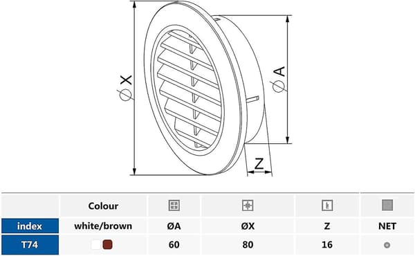 2023 T74 Round Ventilation Grille With Mosquito Net White 60 Mm