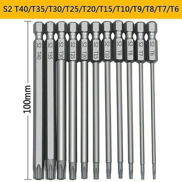 Mordely 11pcs 100mm S2 1/4 Inch Torx Screwdriver Hex Bits Precision Drill Magnetic Safety Screwdriver T6-t40 Cisea Long Head Torx Screwdriver