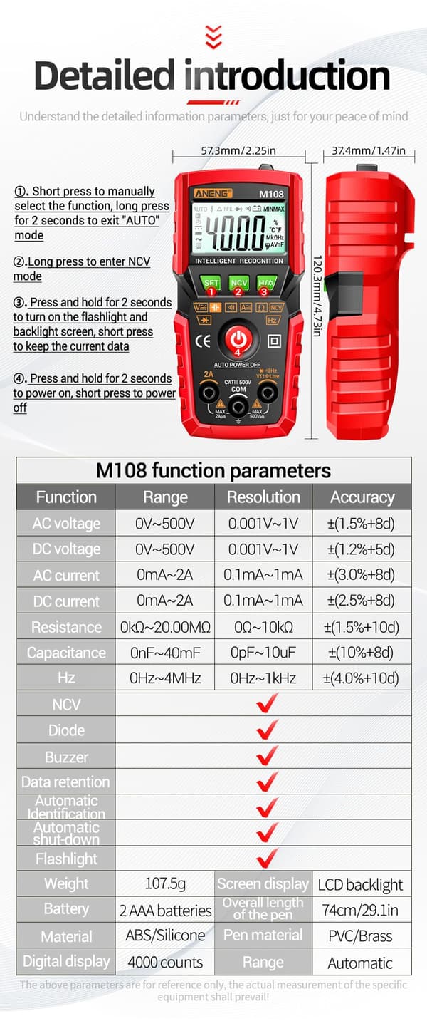 Mordely Digital Mini Smart Multimeter Strömspänningsmätare M107 RÖD