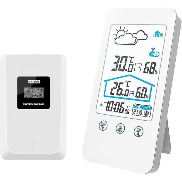 Wireless Weather Station, Indoor Wireless Digital Indoor Thermometer Humidity Barometer Weather Station Clock With Outdoor Sensor (white)