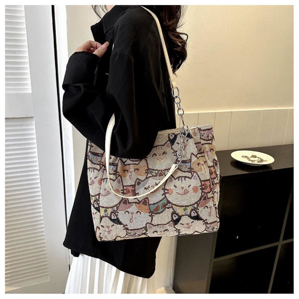 Mordely Tote Bag Canvas One Shoulder Portable Large Capacity For Shopping Cute Cartoon Student Gift Off-white