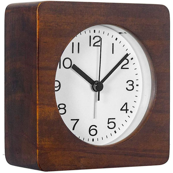 3-inches Square Wooden Alarm Clock With Arabic Numerals, Non-ticking Silent, Backlight, Battery Operated, Brown