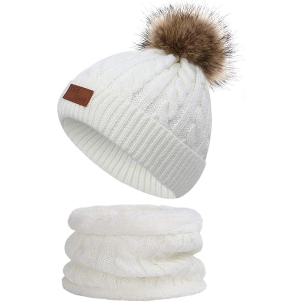 Mordely Baby Warm Hat Scarf Set med Fur Pom white