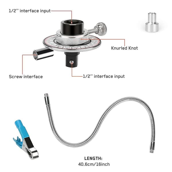 2023 Adjustable Angle Torque 1/2" Torque Meter, 360 Adjustment, With 16" Flexible Arm, Strong Magnet 1 Pack
