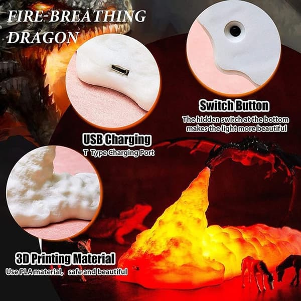 Mordely Fire Dragon Lamp Light 3D Printed Night Light med USB 2