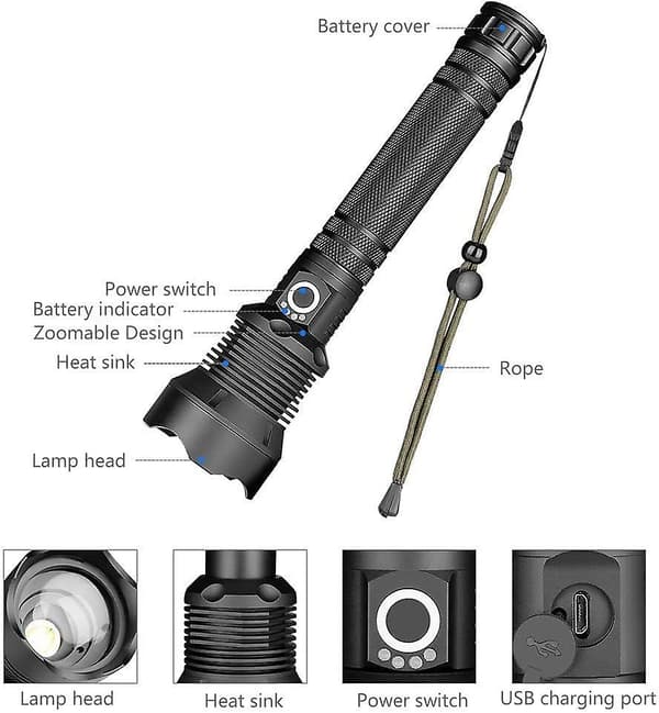 2023 Led Torch, 90000 Lumens Xhp70 Ultra Powerful Adjustable Zoomable Waterproof Flashlight Torch, Usb Rechargeable Torch