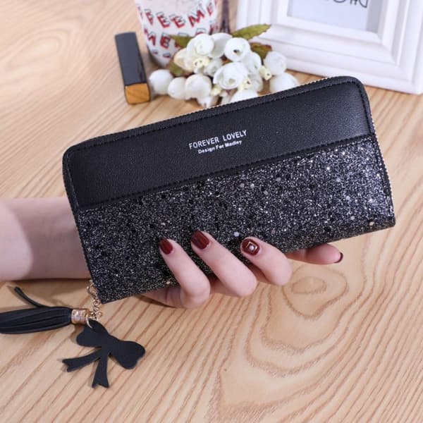 Mordely Glitterplånbok för dam Lång dragkedja SVART Black