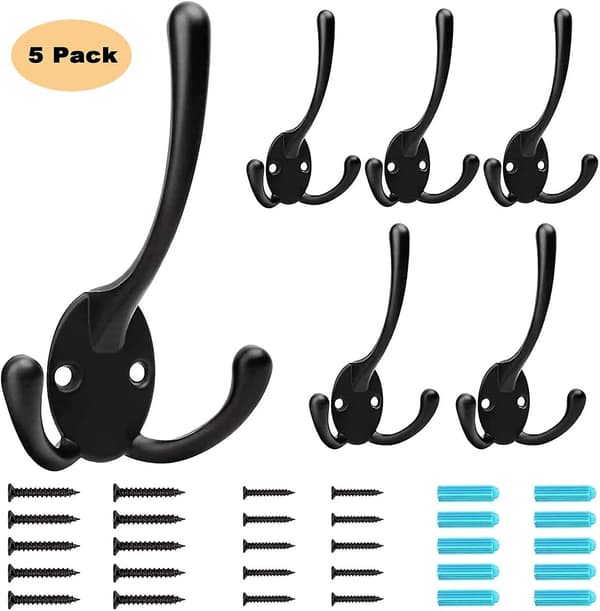 2023 5 Pieces Coat Rack, Wall Mounted Coat Hook, Retro Double Coat Hook For Bathroom Kitchen Coat Rack (black)