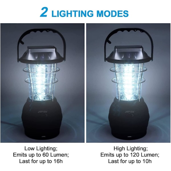 Mordely Solar Lantern, Ultra Bright Led Camping Light, 2 Adjustable Lighting Modes, 5 Charging Methods, With Hand Crank Dynamo, Long