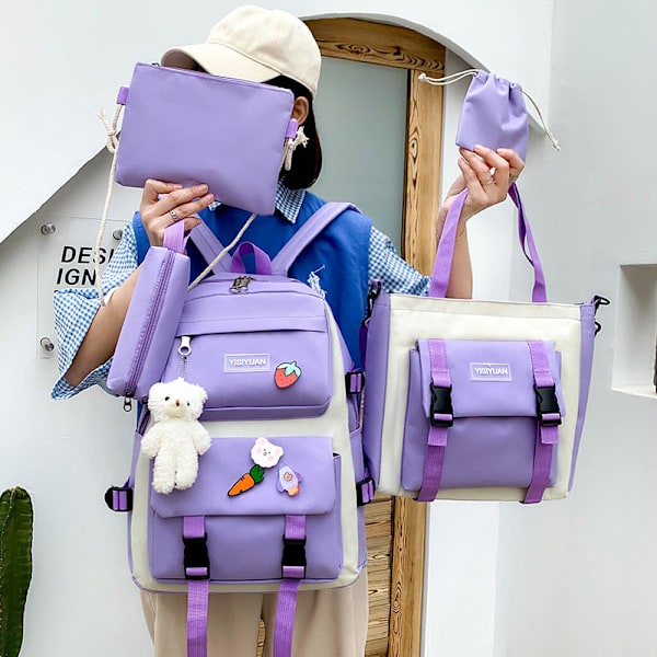 Mordely Student tjej ryggsäck axelväska skolväska Canvas Harajuku Large Capacity Set Middle School College Bag Beige