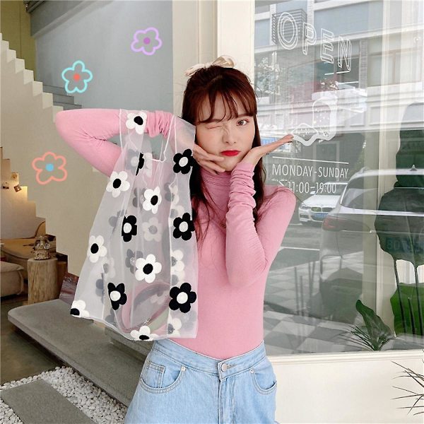 Mordely 2pcs Embroidered Yarn Fairy Handbag New Spring And Students Hand Bag Bag Black And White Sunflower