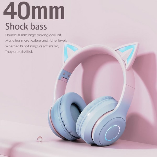 Mordely Blixtljus Cute Cat Ear-hörlurar trådlösa med mikrofon blå blue