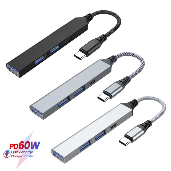 4 Portar Type-C HUB USB 3.0 Expander Splitter PD 60W svart black