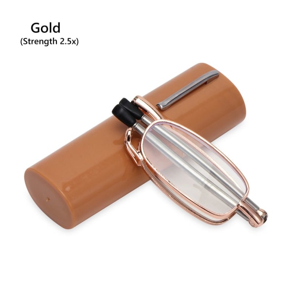 Mordely Fällbara läsglasögon med rörfodral CASE 2,5X gold Strength 2.5x