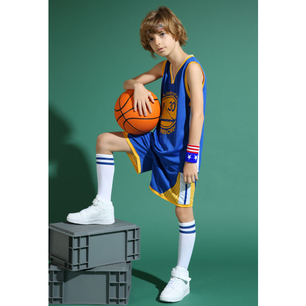 Stephen Curry No.30 Baskettröja Set Warriors Uniform för barn tonåringar W Blue XL (150-160CM)