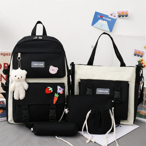 Mordely Student tjej ryggsäck axelväska skolväska Canvas Harajuku Large Capacity Set Middle School College Bag Black