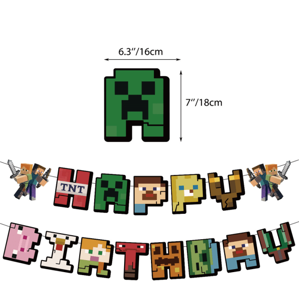 Mordely Minecraft-tema födelsedagsballonger Banner Party tårtdekorationer