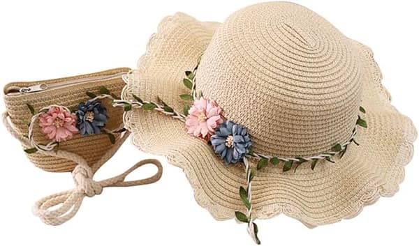 Mordely 2-8 år gamla flickor Halmhatt Turisthatt Solhatt+Småväska Set Beige
