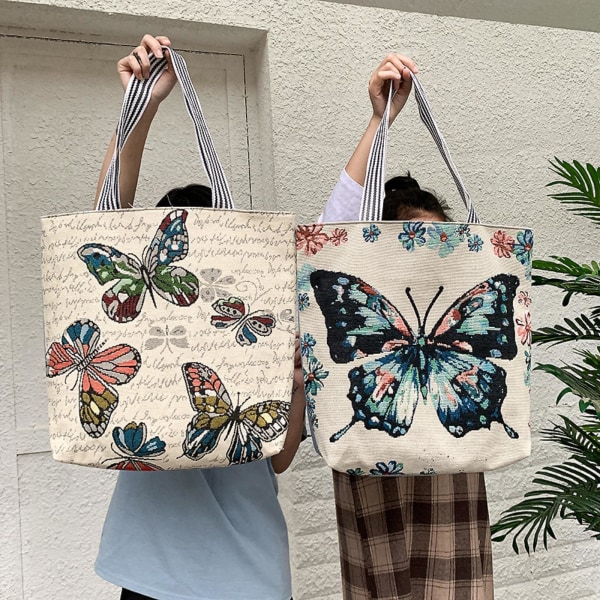 Canvas Tote Bag For Women,reusable Grocery Shopping Bag Portable Shoulder Bag School Bag A916-411 Butterfly