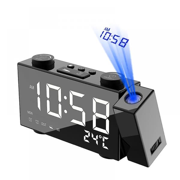 Mordely Multifunctional Clock Radio With Thermometer Function Led Alarm Clock Intelligent Projection Fm Fm Alarm Clock - Black