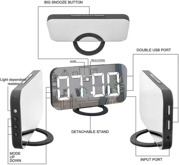 Digital Alarm Clock 6-inch Large Led Display, Dual Usb Charger Port Auto Dimming Mode | Easy Snooze Function, Modern Mirror Desktop Wall Clock