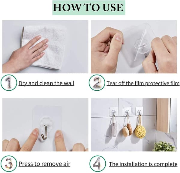 Mordely 20pcs Transparent Adhesive Hooks, Kitchen Wall Hook With Stainless Hooks Towel Utility Towel Ceiling