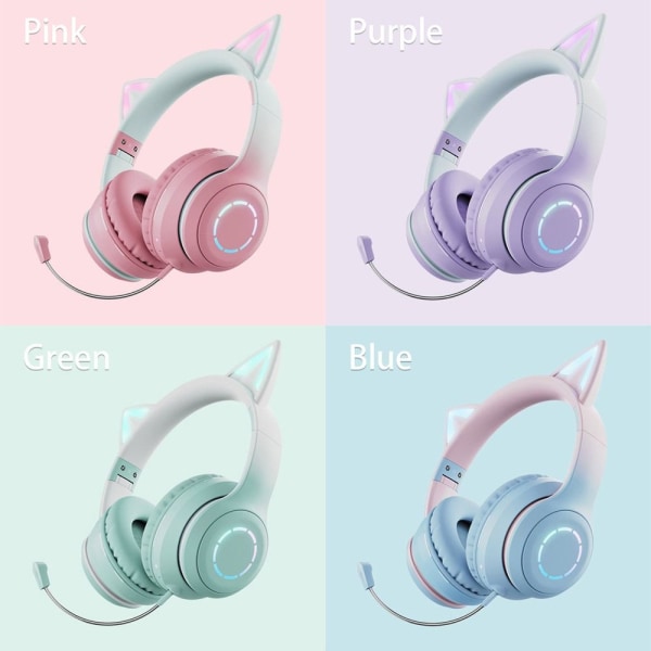 Mordely Blixtljus Cute Cat Ear-hörlurar trådlösa med mikrofon lila purple
