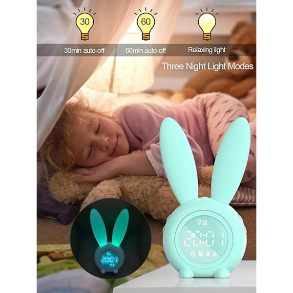 Mordely Rabbit Children's Alarm Clock - With Dimmable Wakeup Clock, Rechargeable - Suitable For Children's Bedroom -green