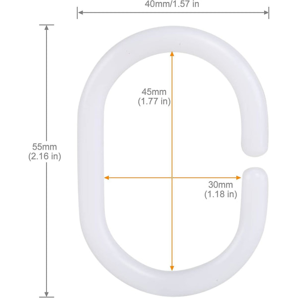 Set Of 24 Plastic Shower Rings, Accessory Rings For Curtains, 24 Single Hooks White 46 X 29 Mm