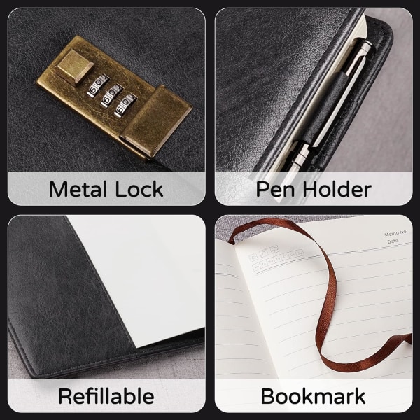 Mordely Dagbok med lås, A5 PU-läderjournal med lås 240 sidor, Vintage Lock Journal Lösenordsskyddad anteckningsbok med penna och
