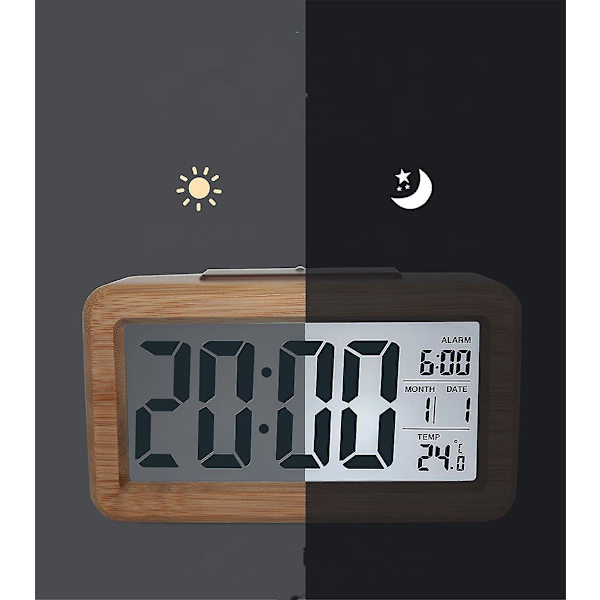 2023 Wooden Lcd Alarm Clock With Intelligent Sensor Night Light, Temperature Detection, Nap Function, Bedroom And Dining Table Clock - Brown
