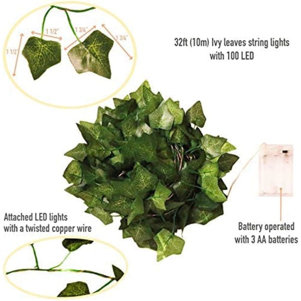 Mordely Konstgjord murgröna, 10M Leaf Fairy Lights, Konstgjorda växter med 100