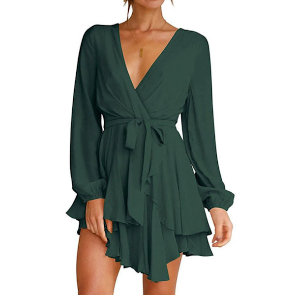 Damklänning Djup V-ringad långärmad midja tie volang dark green XL