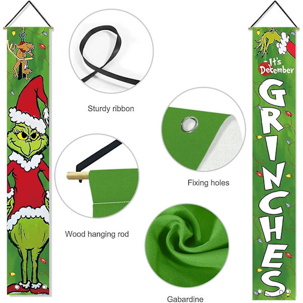 Christmas Grinch Banner För Ytterdörr, Jul Vinter Semester Häng Banner Flagga, Lämplig för Utomhus Inomhus Ytterdörr Vägg Xmas Veranda Dekor Ny