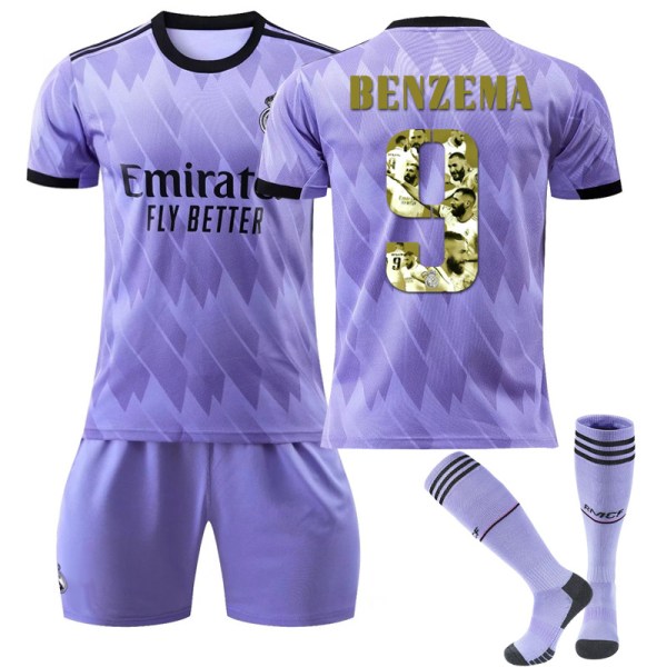 Mordely Real Madrid Special-Edition Benzema Ballon d'Or-tröja Benzema No.9 Fotbollströja 3-delade kit för barn Vuxna 22(130-135CM)