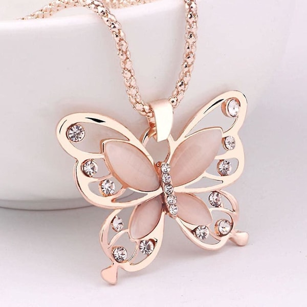Mordely Butterfly Necklaces Long Charm Pendant Women Rose Opal Chain Necklace Gold Jewelry Necklaces Pendants For Womens