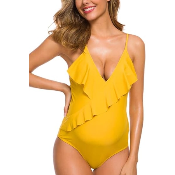 One Piece Maternity Swimsuits Striped Swimsuit Halter Deep V Neck Monokini High Waisted Bathing Suits Yellow 2XL