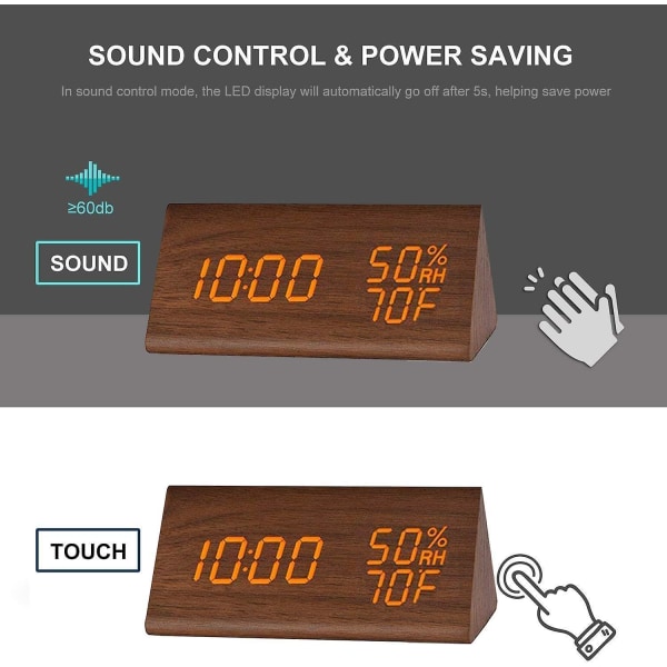 Digital Alarm Clock, With Wooden Electronic Led Time Display, Humidity & Temperature Detect, Wood Made Electric Clocks For Bedroom, Bedside (br