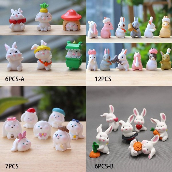 Mordely 1 Set Miniatyr kaninfigur Resin Bunny Statue 7PCS