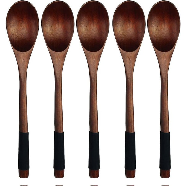 Mordely Wooden Spoon Set, 5 Piece Nanmu Japanese Style Wooden Soup Spoons For Lunchtime Dinner (with Black Rope)