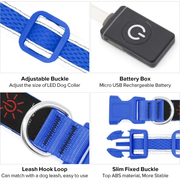 Mordely LED-hundhalsband, USB uppladdningsbara belysningslampor för hundhalsband, Blue M