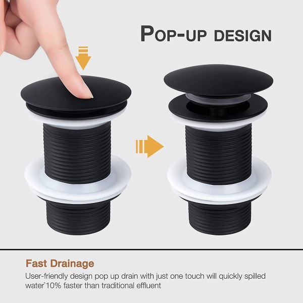 2023 Sink Drain Without Overflow, Universal Black Pop Up Sink Drain, Automatic Pop Up Drain For Counter Top Basin Cisea